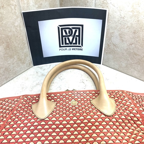 Pour La Victoire Leather basketweaved Authentic Extra Large Tote  Tan/Orange - Picture 15 of 16